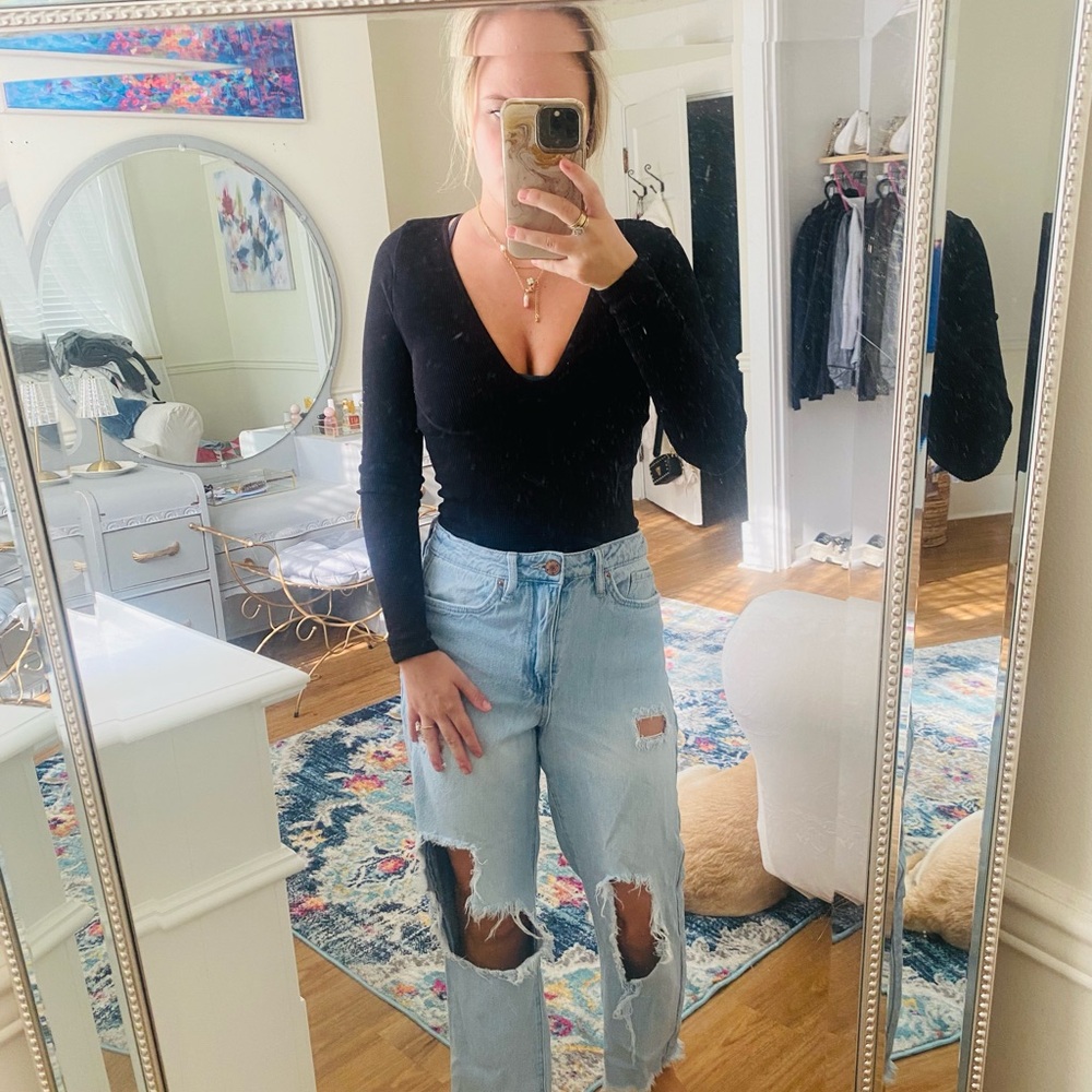 Free People Black V-Neck Bodysuit